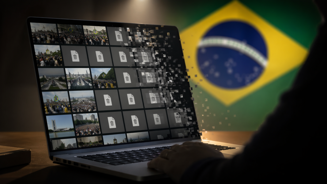 Notebook exibe grade de vídeos e arquivos removidos diante de bandeira do Brasil desfocada