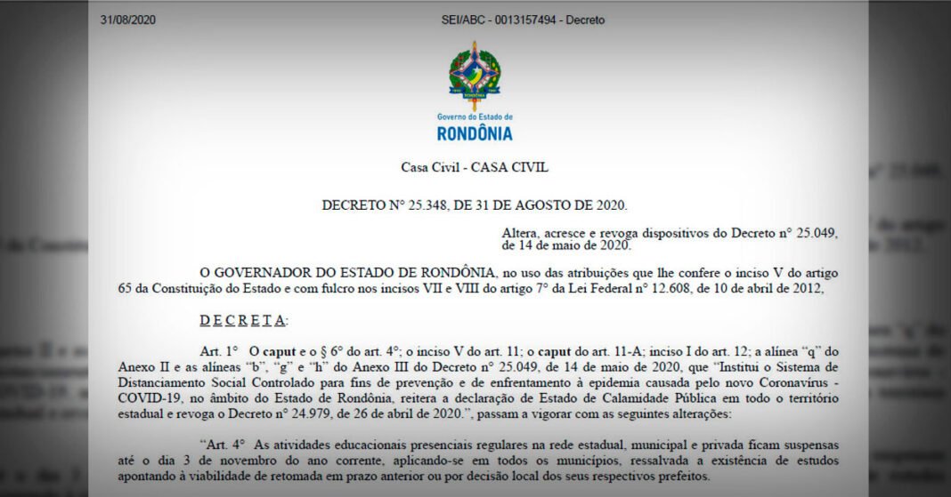 Educação: AULAS PRESENCIAIS em Rondônia Tem Retorno Prorrogado Para Novembro
