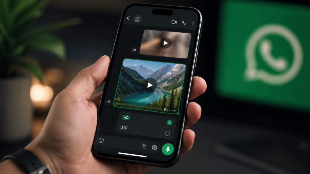 Tela de smartphone mostra envio de vídeo no WhatsApp com opção de melhor qualidade em destaque