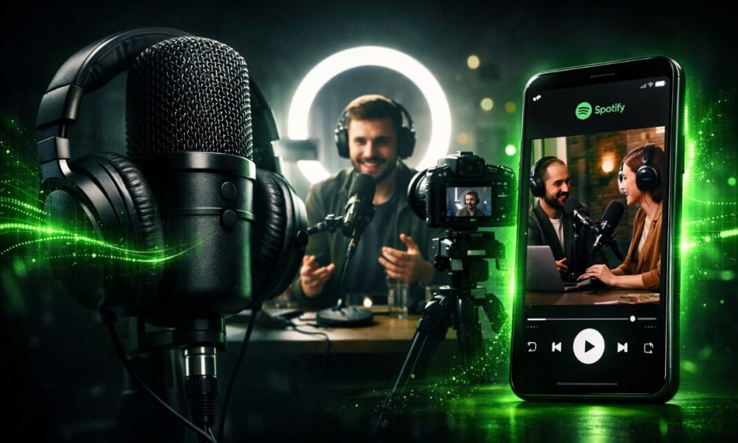 Estúdio de podcast com microfone profissional e criador gravando episódio enquanto smartphone exibe podcast em vídeo no Spotify