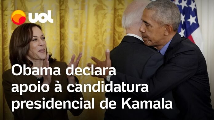 Obama ao lado de Kamala Harris em imagem de apoio político nos Estados Unidos