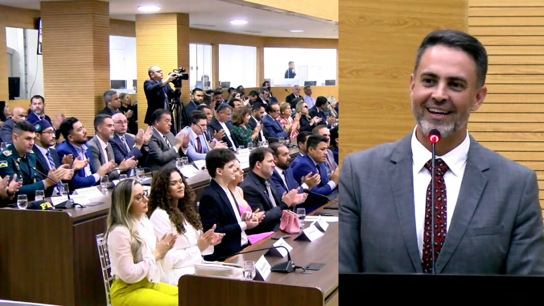 Prefeito Léo Moraes e Governador Marcos Rocha discursam na posse da Mesa Diretora da ALE-RO, reforçando o compromisso com o desenvolvimento do estado.