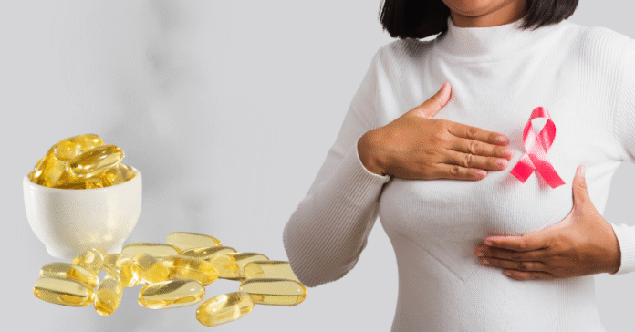 Mulher com laço rosa no peito simbolizando a luta contra o câncer de mama ao lado de cápsulas de vitamina D