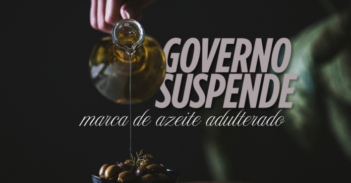 Governo suspende marca de azeite adulterado, com imagem de azeite sendo despejado sobre azeitonas