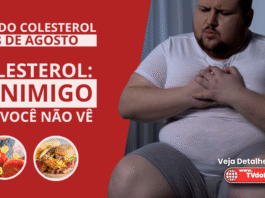 Colesterol alto é risco invisível para o coração e o cérebro Homem com sobrepeso sente dor no peito, ao lado da frase “Colesterol: o inimigo que você não vê”, em arte sobre o Dia do Colesterol.