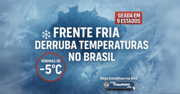 Imagem mostra a 5ª onda de frio de 2025 com geada em 9 estados e mínimas de até -5°C no fim de semana em várias regiões do Brasil.