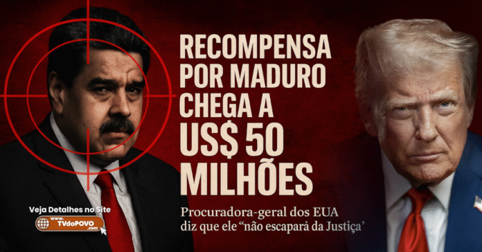 Imagem mostra Nicolás Maduro com alvo sobre o rosto e Donald Trump ao lado, destacando recompensa de US$ 50 milhões