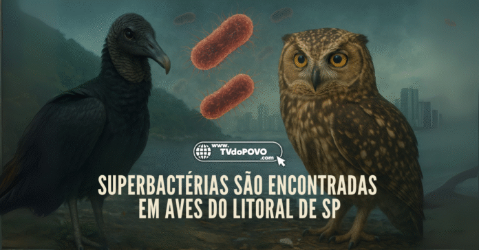 Urubu e coruja silvestres em área urbana contaminada, com bactérias visíveis no ar e legenda sobre superbactérias no litoral de SP.