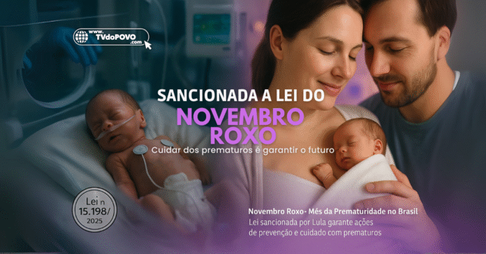 Montagem editorial mostra bebê prematuro em incubadora e, ao lado, pais com bebê no colo pelo método canguru, com o texto: “Sancionada a Lei do Novembro Roxo – Cuidar dos prematuros é garantir o futuro”.