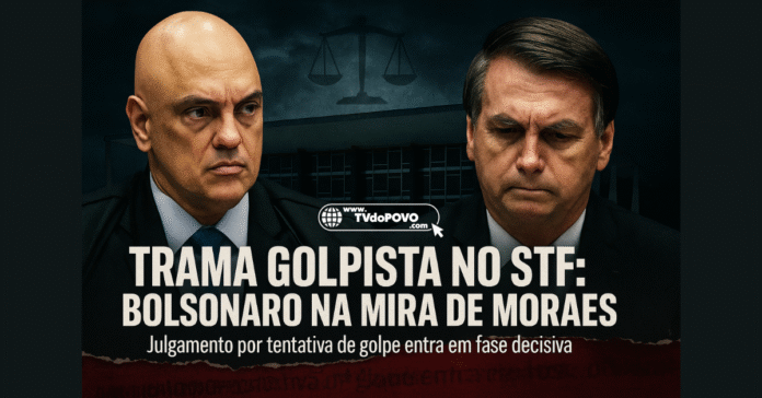 Alexandre de Moraes encara Jair Bolsonaro com semblante sério diante do STF, representando julgamento por trama golpista.