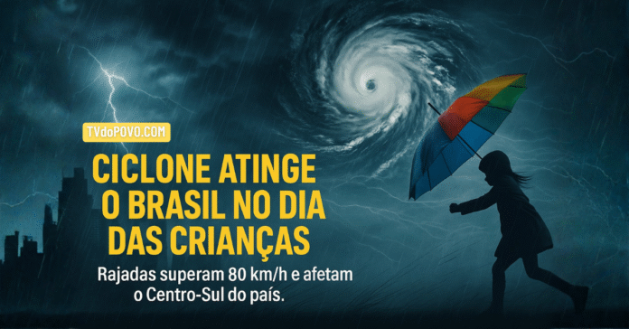 Ciclone atinge o Brasil no Dia das Crianças com ventos de 80 km/h Criança enfrenta ventania com guarda-chuva colorido durante ciclone extratropical que atinge o Brasil no Dia das Crianças, com ventos de até 80 km/h.