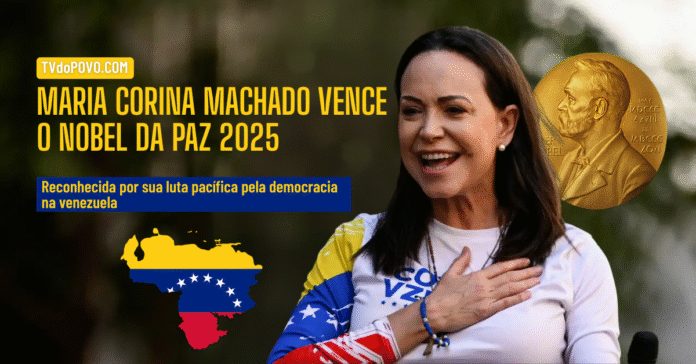 María Corina Machado vence o Nobel da Paz 2025 María Corina Machado sorri emocionada ao ser anunciada como vencedora do Prêmio Nobel da Paz 2025, reconhecida por sua luta democrática na Venezuela