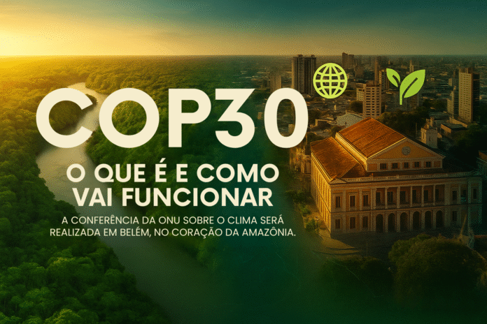 COP30 em Belém o que é e como vai funcionar Vista aérea de Belém e da floresta amazônica com título COP30 o que é e como vai funcionar