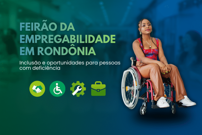Mulher em cadeira de rodas representa inclusão no Feirão da Empregabilidade em Rondônia, evento que oferece vagas e serviços gratuitos para PcDs.