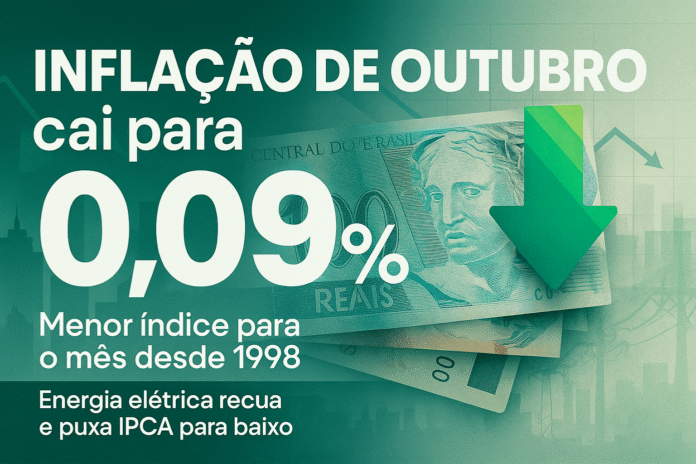 Inflação de outubro cai para 0,09% no Brasil Inflação de outubro 2025 cai para 0,09%, menor índice desde 1998, segundo dados do IBGE