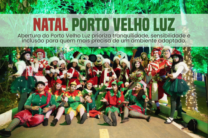 Natal Porto Velho Luz – Elenco natalino em noite de inclusão Natal Porto Velho Luz com elenco de personagens natalinos em ambiente iluminado dedicado à inclusão.
