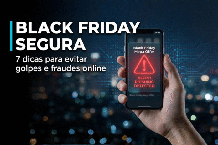 Black Friday Segura – Alerta de Phishing Tela de smartphone exibindo alerta de phishing durante a Black Friday ao lado do título “Black Friday Segura”.
