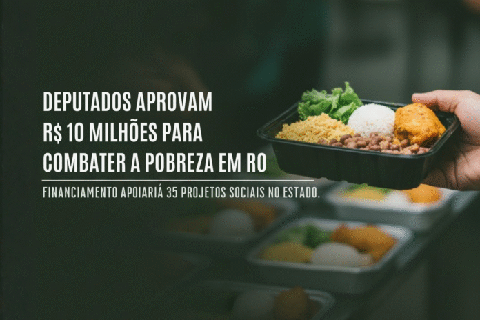 Deputados aprovam R$ 10 milhões para combater a pobreza em Rondônia Pessoa segurando marmita com arroz, feijão, farofa, salada e frango, representando ações sociais de combate à pobreza em Rondônia.