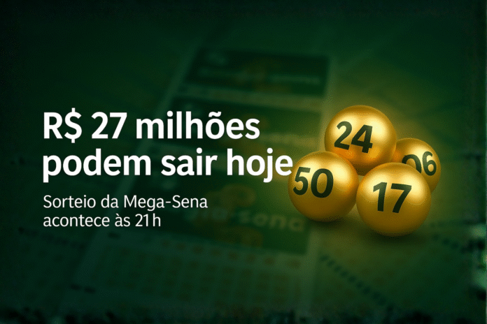 Mega-Sena pode pagar R$ 27 milhões neste sábado Imagem ilustrativa com bolas douradas de sorteio sobre fundo verde desfocado, destacando o prêmio estimado de R$ 27 milhões da Mega-Sena.