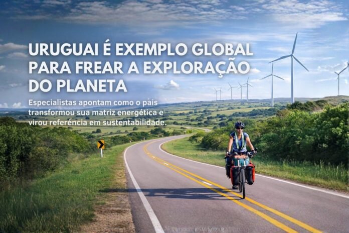 Uruguai como exemplo global de sustentabilidade Ciclista em estrada rural no Uruguai com turbinas eólicas ao fundo, representando sustentabilidade e transição energética.