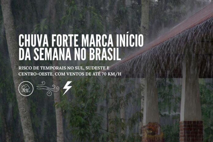 Chuva forte marca início da semana no Brasil Cobertura de chuva intensa escorrendo pelo telhado durante temporal no Brasil