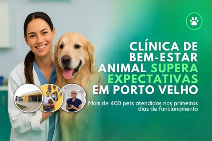 Veterinária sorri ao lado de um cachorro na Clínica de Bem-Estar Animal de Porto Velho, com fotos da fachada e equipe ao fundo.