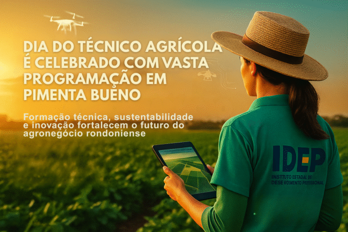 Dia do Técnico Agrícola é celebrado com vasta programação em Pimenta Bueno Jovem técnica agrícola do Idep observa plantação em Pimenta Bueno com tablet nas mãos durante o pôr do sol, simbolizando formação técnica e sustentabilidade no agronegócio rondoniense.