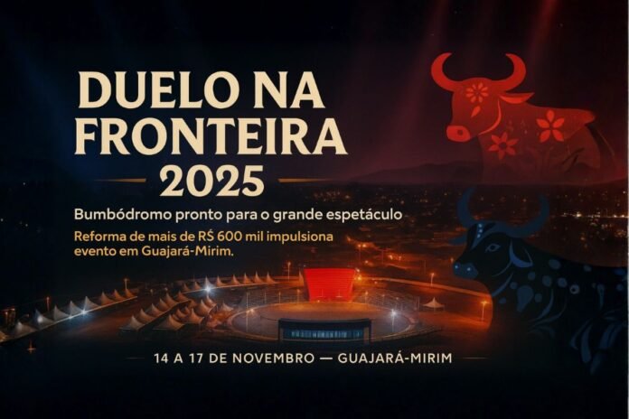 Duelo na Fronteira 2025 — Arte oficial do Bumbódromo Capa do Duelo na Fronteira 2025 com o Bumbódromo de Guajará-Mirim iluminado à noite e ilustrações dos bois-bumbás.