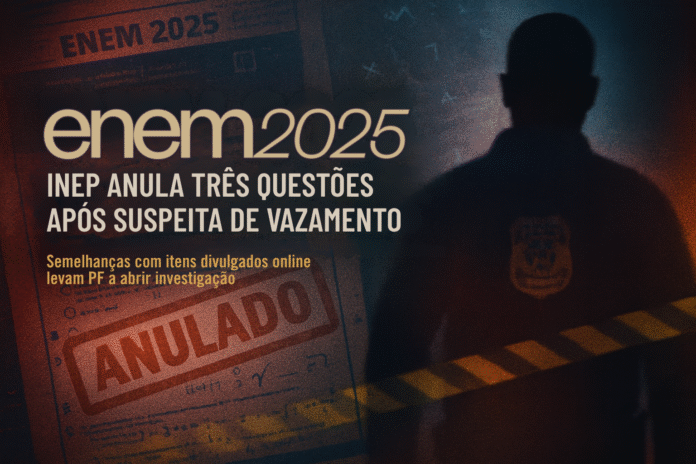 Inep anula questões do Enem 2025 após suspeita de vazamento Imagem mostra arte jornalística destacando que o Inep anulou três questões do Enem 2025 após suspeita de vazamento, com fundo de prova marcada como “anulado” e silhueta de agente da PF.