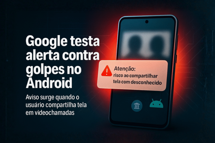 Google testa alerta contra golpes no Android Arte de capa mostrando um celular com alerta de segurança do Android e o título “Google testa alerta contra golpes no Android”.