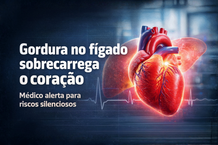 Coração humano em destaque com fígado ao fundo, ilustrando como a gordura no fígado pode sobrecarregar o coração.