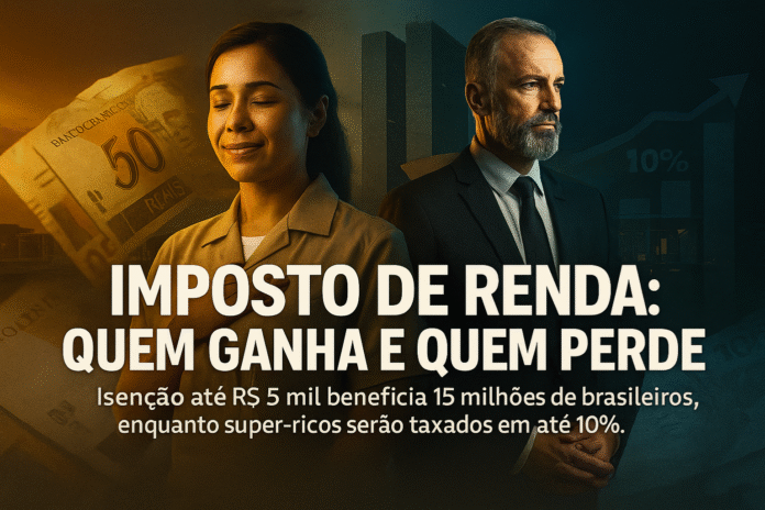 Trabalhadora e empresário em contraste diante do Congresso Nacional, representando o impacto do Imposto de Renda 2025 com isenção até R$ 5 mil e taxação dos super-ricos.
