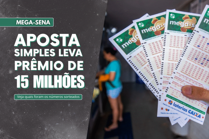 Aposta simples leva prêmio de R$ 15 milhões na Mega-Sena Aposta simples da Mega-Sena leva prêmio de R$ 15 milhões; imagem mostra bilhetes da loteria e aposta vencedora.