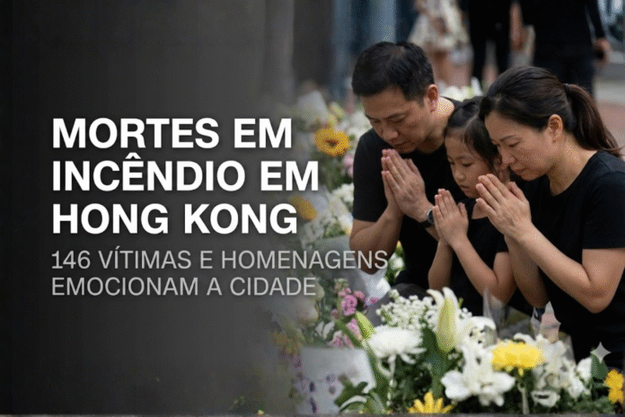 Família presta homenagem às vítimas do incêndio em Hong Kong Família em Hong Kong reza diante de flores colocadas em homenagem às vítimas do incêndio que deixou 146 mortos.