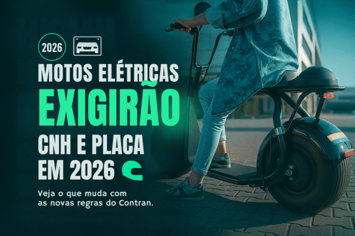 Capa com scooter elétrica e título sobre exigência de CNH e placa para motos elétricas a partir de 2026.
