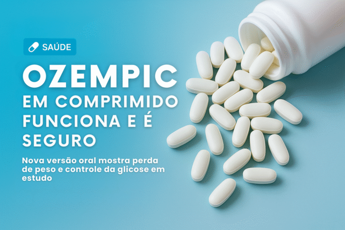 Ozempic em comprimido funciona e é seguro Comprimidos brancos representando a versão oral do Ozempic sobre fundo azul.