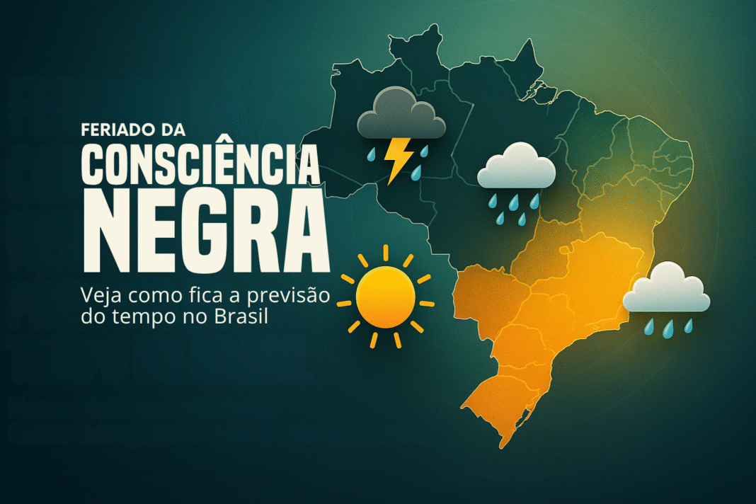 Mapa do Brasil com ícones de sol e chuva mostrando como fica a previsão do tempo no feriado da Consciência Negra.