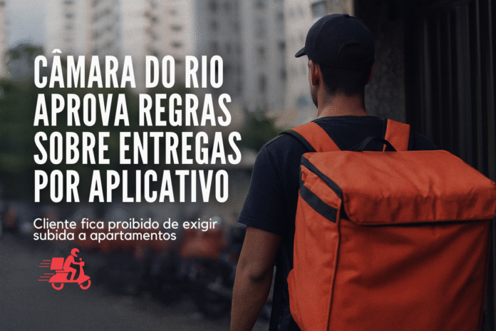 Entregador com mochila térmica caminha em área urbana enquanto a arte destaca novas regras de entregas por aplicativo aprovadas pela Câmara do Rio.