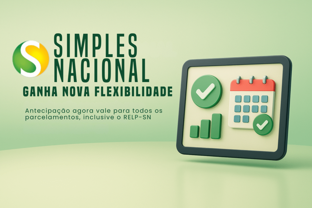 Capa editorial sobre a nova flexibilidade no parcelamento do Simples Nacional, com ícones de calendário e pagamentos antecipados.