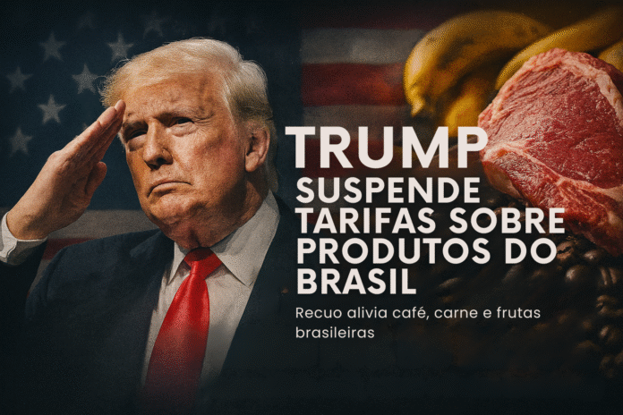 Trump suspende tarifas sobre produtos do Brasil Donald Trump faz gesto de saudação ao lado de produtos agrícolas brasileiros, como carne e frutas, em arte sobre suspensão de tarifas.
