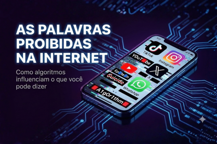 As palavras proibidas na internet — Capa Smartphone com ícones de redes sociais censurados e título “As palavras proibidas na internet” sobre fundo tecnológico.