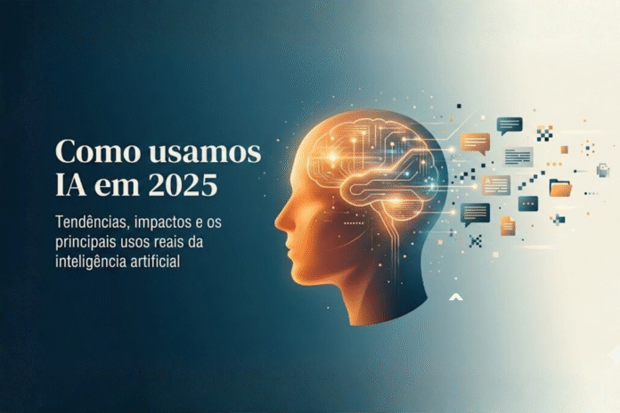 Ilustração mostrando perfil humano com circuitos e ícones digitais representando o uso da inteligência artificial em 2025.