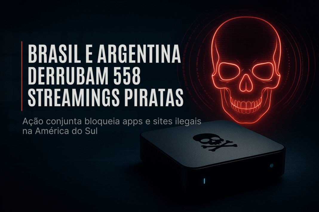 Capa mostrando o título Brasil e Argentina derrubam 558 streamings piratas ao lado de um crânio digital vermelho e uma TV box pirata.