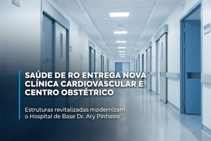 Saúde de RO entrega Clínica Cardiovascular e Centro Obstétrico revitalizados Corredor moderno de hospital com portas azuis e iluminação fria, ilustrando a entrega da Clínica Cardiovascular e do Centro Obstétrico revitalizados no Hospital de Base Dr. Ary Pinheiro.