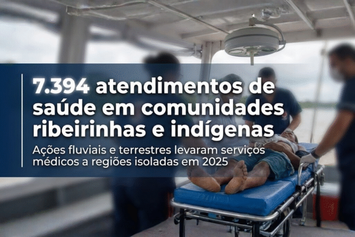 Atendimento de saúde em comunidades ribeirinhas de Rondônia Atendimento médico realizado por equipe de saúde a paciente ribeirinha em unidade fluvial de Rondônia.