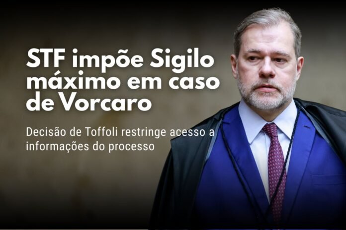 Ministro Dias Toffoli em destaque em arte sobre decisão do STF que impõe sigilo máximo no caso Daniel Vorcaro.
