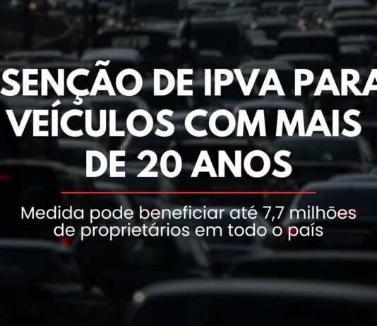 Congresso promulga isenção de IPVA para veículos com mais de 20 anos Capa sobre isenção de IPVA para veículos com mais de 20 anos, com fundo de trânsito e título em destaque.