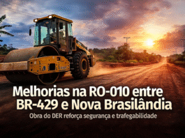 DER executa melhorias na RO-010 entre a BR-429 e Nova Brasilândia Rolo compactador em ação durante as melhorias na RO-010 entre a BR-429 e Nova Brasilândia.