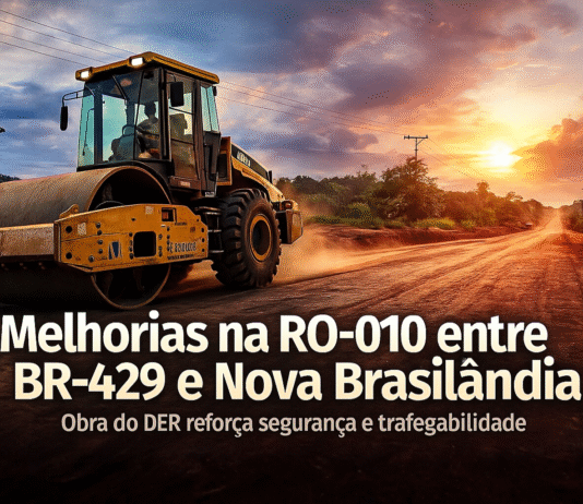 DER executa melhorias na RO-010 entre a BR-429 e Nova Brasilândia Rolo compactador em ação durante as melhorias na RO-010 entre a BR-429 e Nova Brasilândia.