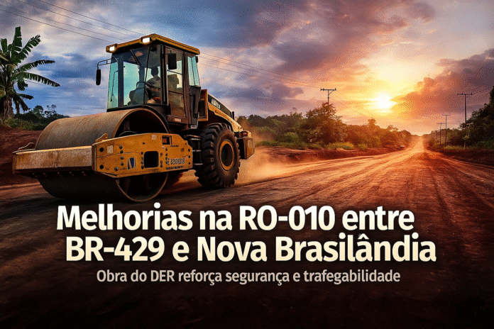 Rolo compactador em ação durante as melhorias na RO-010 entre a BR-429 e Nova Brasilândia.